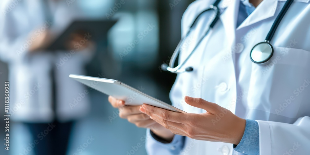 A close-up of a healthcare provider holding a tablet during a virtual appointment with a patient. A close-up of a healthcare provider holding a tablet during a virtual appointment with a patient.