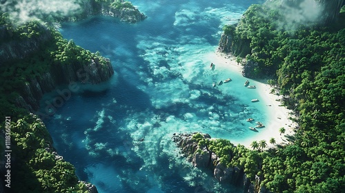Secluded tropical beach cove with turquoise water, surrounded by lush green cliffs and several boats.