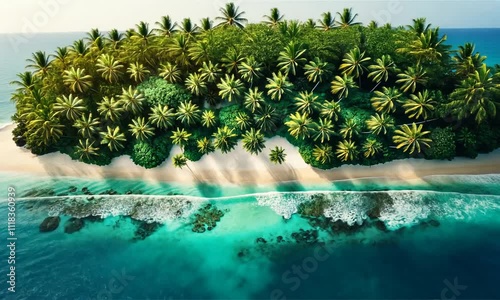 Little tropical island in the middle of the turquoise ocean covered with palms and sandy shore Zoom out on sunny day photo