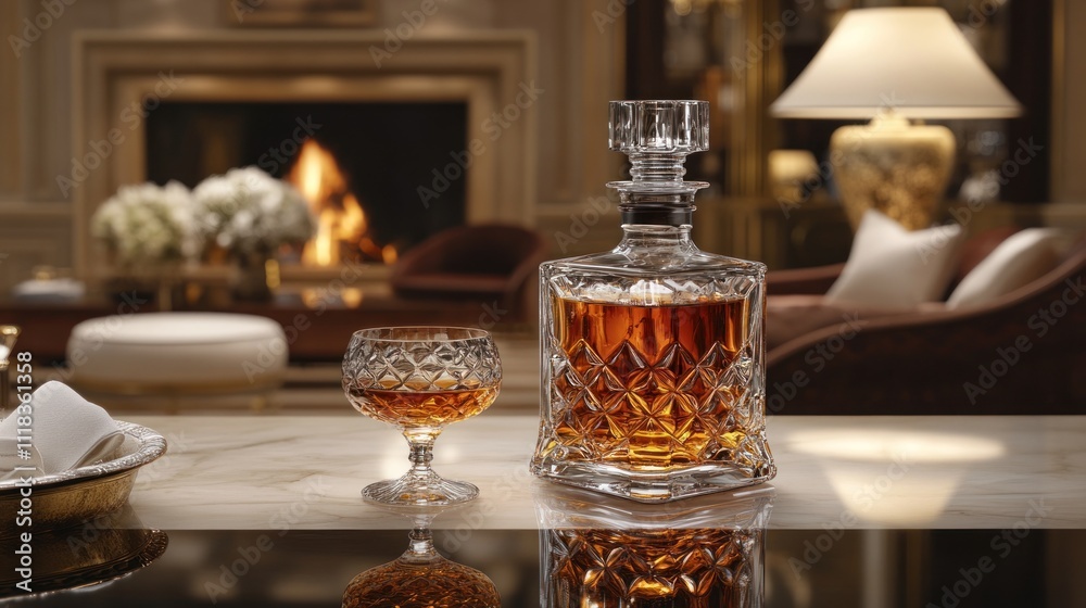 Luxurious Cognac decanter and glass on marble table in a sophisticated living room with fireplace. Luxurious Cognac decanter and glass on marble table in a sophisticated living room with fireplace.