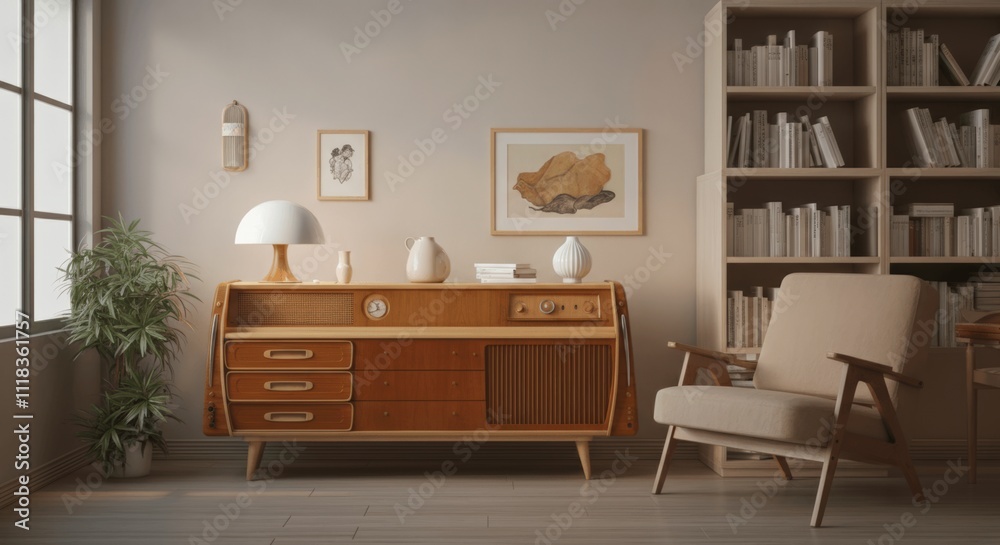Mid-Century Modern Living Room with Wooden Furniture Mid-Century Modern Living Room with Wooden Furniture