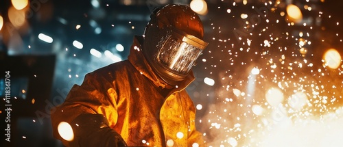 A steelworker in a flame-resistant jacket and helmet, standing amidst a flurry of sparks from a cutting torch, Steel fabrication scene photo