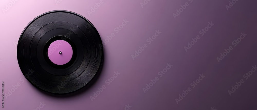 A vinyl record rests against a soft purple backdrop, showcasing its classic black surface and a central pink label. A vinyl record rests against a soft purple backdrop, showcasing its classic black surface and a central pink label.