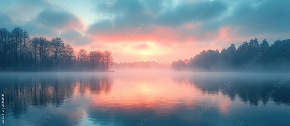 Serene sunrise over misty lake with trees reflected in calm water. Serene sunrise over misty lake with trees reflected in calm water.