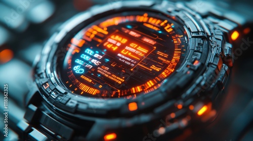 Futuristic smartwatch with vibrant orange digital display.