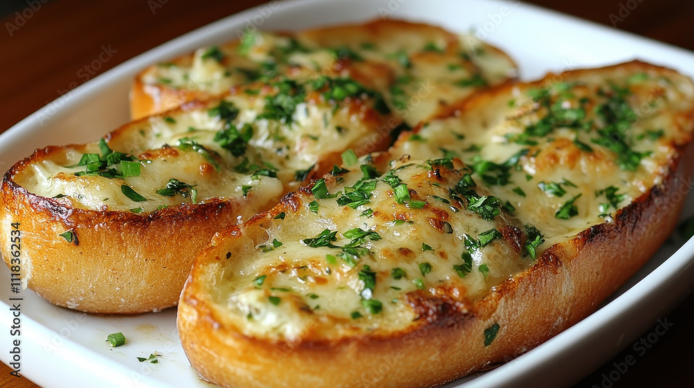 Deliciously baked bread topped with melted cheese and fresh herbs, perfect for appetizers or snacks. Enjoy rich flavors and crispy texture!