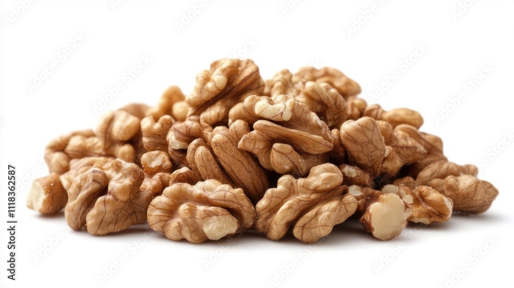 A close-up of a pile of shelled walnuts, showcasing their rich texture and light brown color against a white background. A close-up of a pile of shelled walnuts, showcasing their rich texture and light brown color against a white background.