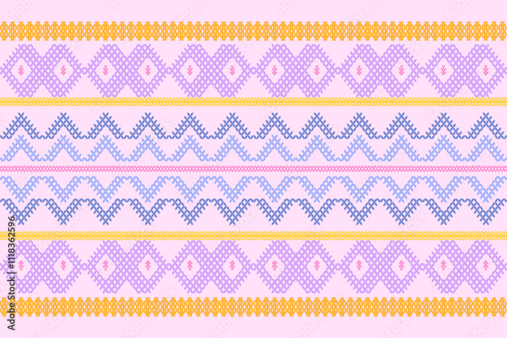 Ikat cross stitch geometric embroidery seamless knitted pattern on damask background. Perfect decorative design for sweater, fabric, decoration, illustration, ornament, texture, textile, interior