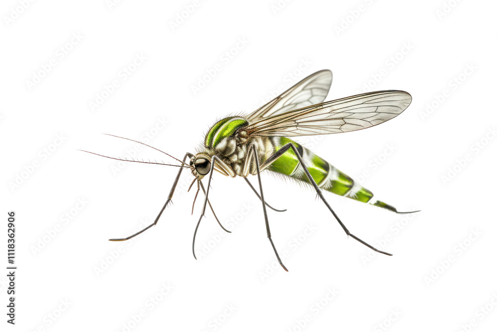 Close-up of a mosquito perched on a leaf with detailed view of its wings and legs isolated on white background Close-up of a mosquito perched on a leaf with detailed view of its wings and legs isolated on white background