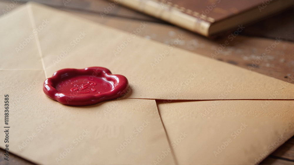 Sealed envelope with red wax stamp on wooden surface Sealed envelope with red wax stamp on wooden surface