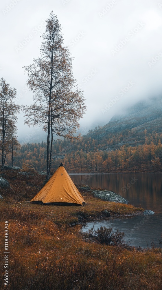 Autumnal Lakeside Camping Scene with a Conical Tent