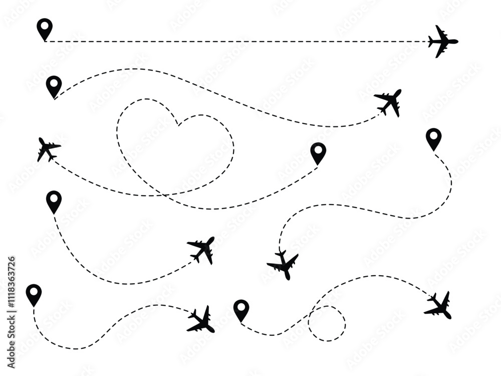 Airplane travel concept with map pins, GPS points. Flight start point concept or theme Airplane travel concept with map pins, GPS points. Flight start point concept or theme