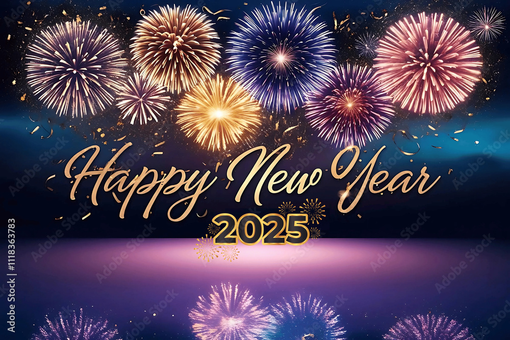 Fototapeta premium Vibrant New Year 2025 Celebration with Gold Text, Fireworks, and Glittering Confetti in a Dynamic Night Sky