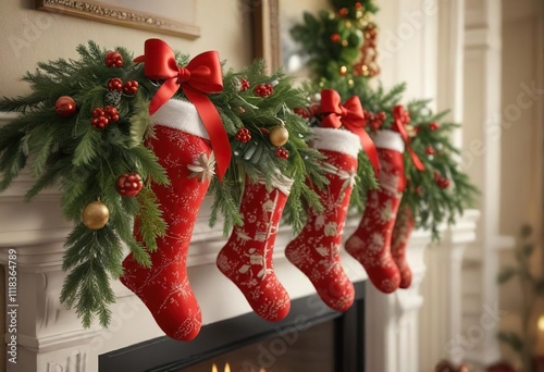 Ornate Christmas stocking holders on the mantel adorned with ribbons and bows amidst a cascade of evergreen branches, winter wonderland, snowflake, cozy fireplace photo