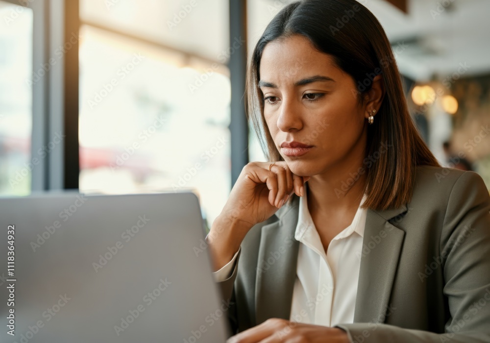 Businesswoman analyzing data on laptop, focused on project, working remotely in cafe Businesswoman analyzing data on laptop, focused on project, working remotely in cafe