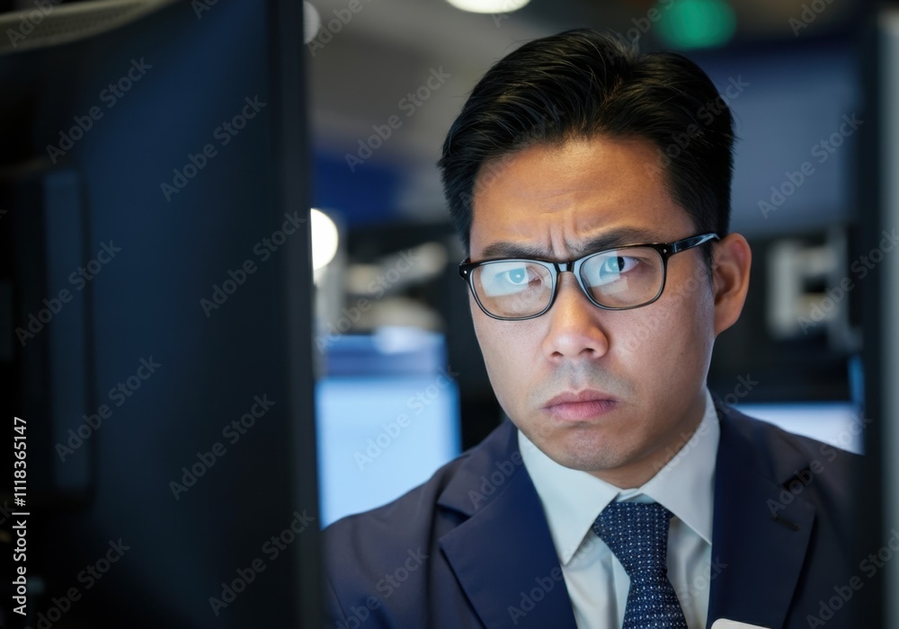 Stock trader concentrating on computer screen, analyzing market data in office Stock trader concentrating on computer screen, analyzing market data in office