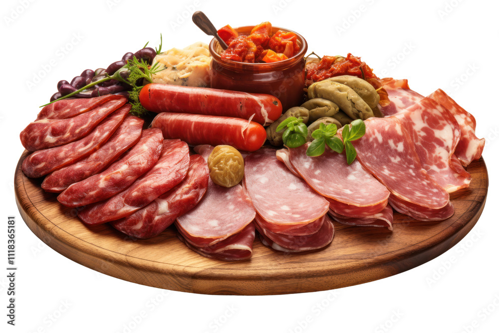 An assortment of sausages and cured meats, including chorizo and salami, displayed on a wooden platter isolated on white background An assortment of sausages and cured meats, including chorizo and salami, displayed on a wooden platter isolated on white background