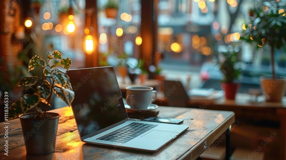 Laptop, coffee, phone on wooden table in cafe. Laptop, coffee, phone on wooden table in cafe.