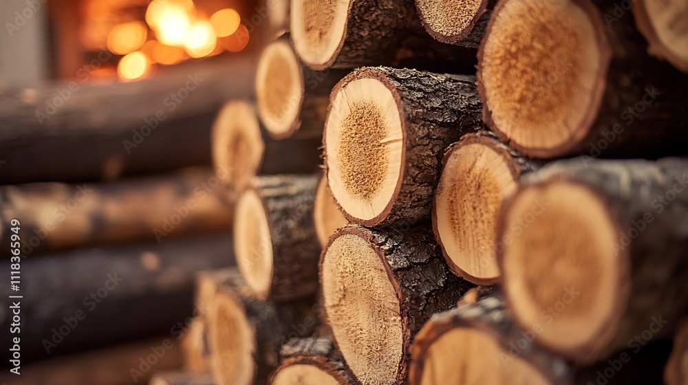 Stacked firewood logs near a warm fireplace. Stacked firewood logs near a warm fireplace.