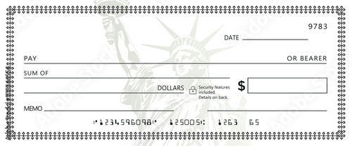 USA Blank bank check, checkbook cheque template, vector mockup. Statue of liberty Bank check voucher or pay cash cheque certificate, account bill paycheck