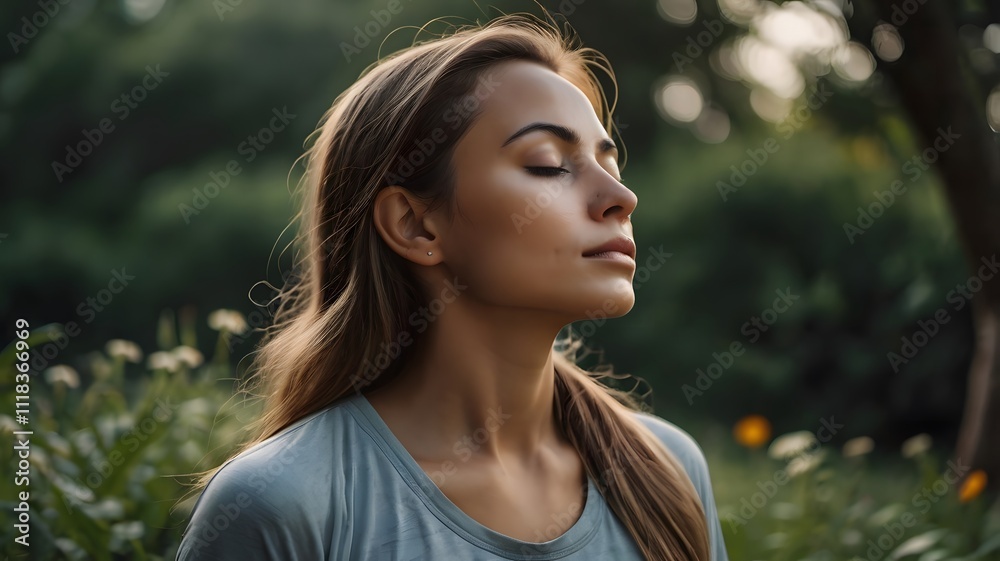 Naklejka premium Serene young woman taking deep breath of fresh air relaxing meditating with eyes closed enjoying peace, calm girl tranquil face doing yoga pranayama exercise feel no stress free relief, side view