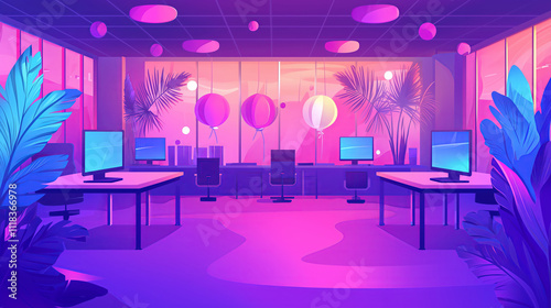 Neon-lit office with computers, palm trees and balloons..