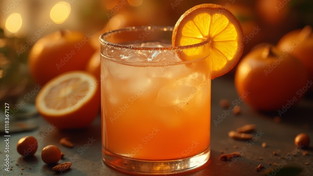 A glass of orange juice with a slice of orange on the rim A glass of orange juice with a slice of orange on the rim