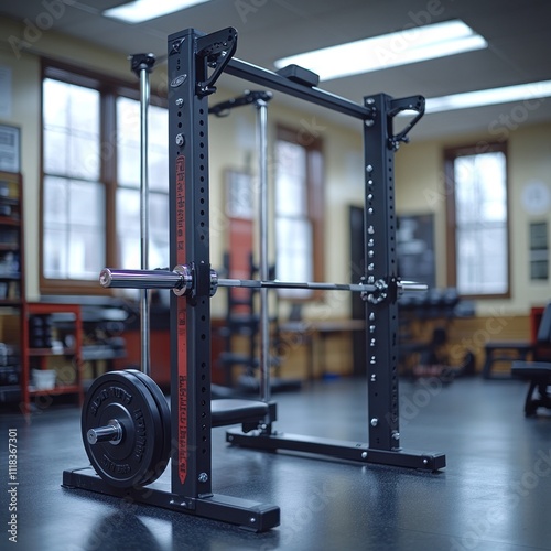 A squat rack with a barbell and weights in a gym setting, designed for strength training.