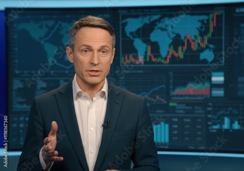 Tv news anchor presenting breaking news, financial updates, or market analysis with world map and data visualization