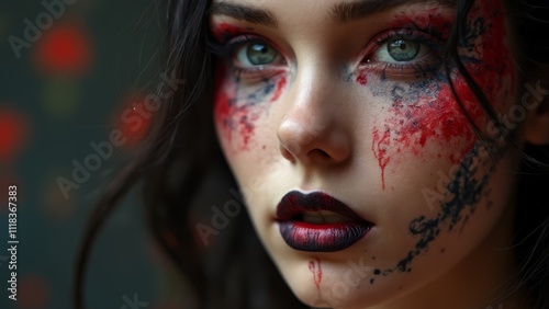 A woman with blood on her face and green eyes