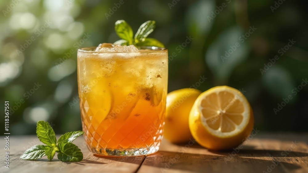 A glass of iced tea with a slice of lemon next to it A glass of iced tea with a slice of lemon next to it