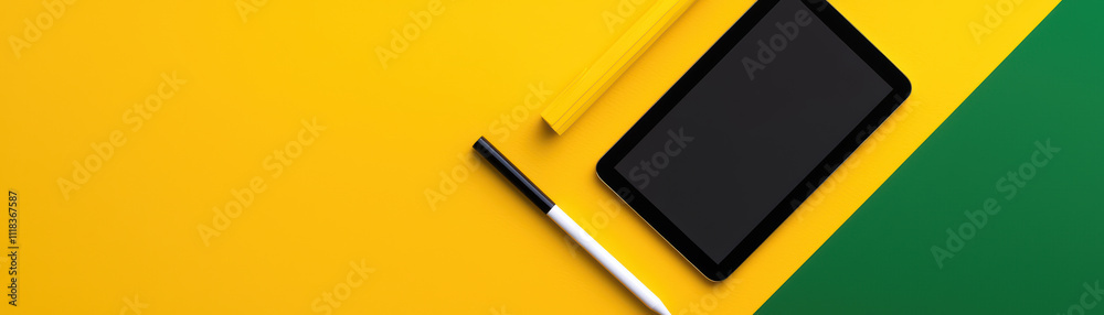 digital tablet with stylus and ruler on vibrant yellow background, showcasing modern workspace. clean design emphasizes creativity and productivity digital tablet with stylus and ruler on vibrant yellow background, showcasing modern workspace. clean design emphasizes creativity and productivity