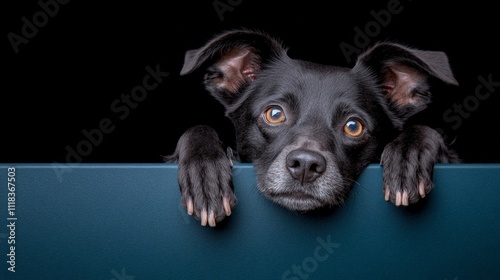 Curious Canine: A playful black dog with soulful eyes peeks over a blue surface, captivating with its inquisitive gaze and adorable expression.  