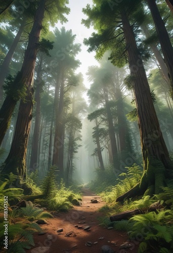 Lush green canopy above the forest floor with giant redwoods as central theme , leafy foliage, natural architecture, canopies photo