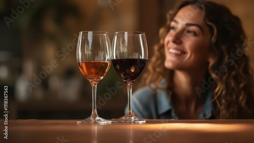 A woman sitting at a table with two glasses of wine