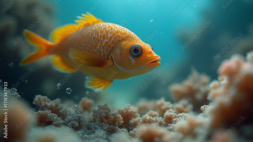 A yellow fish swimming in the ocean near a coral reef A yellow fish swimming in the ocean near a coral reef