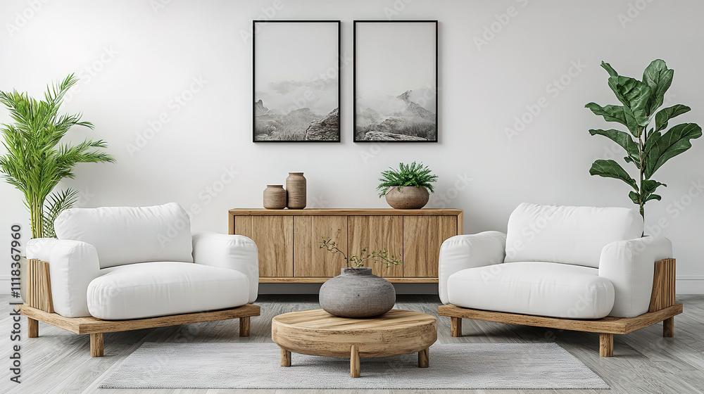 Fototapeta premium Elegant Scandinavian decor with white sofas, a cozy fireplace, and an art poster display