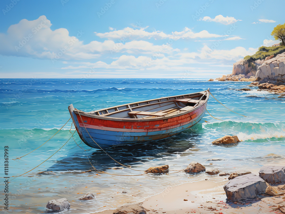 Eyecatching Old wooden boat on the sand behind a woman Eyecatching Old wooden boat on the sand behind a woman