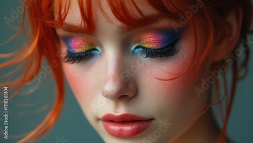 A woman with bright orange hair and colorful eye makeup