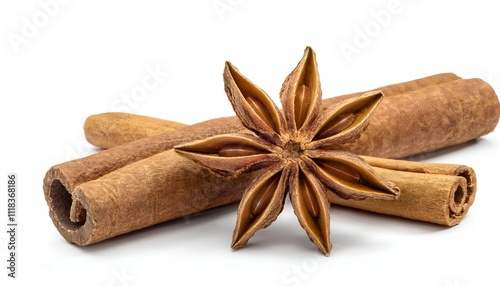 Fototapeta Naklejka Na Ścianę i Meble -  Close-up image of a star anise pod alongside a cinnamon stick isolated on white background. Highlighting spices often used in cooking, baking, and holiday preparations.