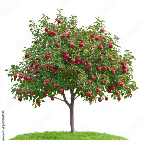 fruit laden apple tree with vibrant red apples hanging from its branches, surrounded by lush green leaves, creates picturesque scene of abundance and nature beauty