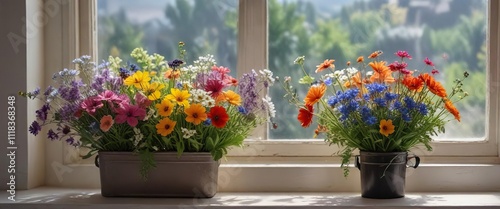 A beautiful bouquet of mixed wildflowers on a windowsill , vintage charm, arrangement, rustic feel