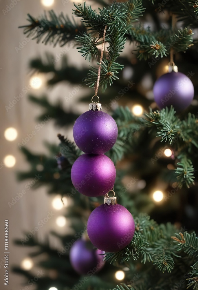 A small, fuzzy blur of purple Christmas tree ornaments, twinkling lights, festive colors A small, fuzzy blur of purple Christmas tree ornaments, twinkling lights, festive colors
