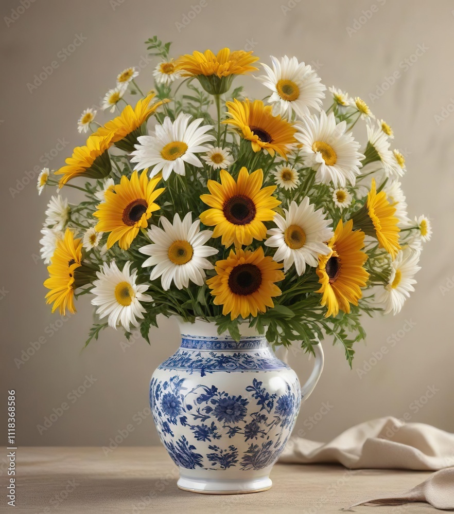 A stunning bouquet of daisies and sunflowers in a delicate china vase, arrangement, daisies, nature A stunning bouquet of daisies and sunflowers in a delicate china vase, arrangement, daisies, nature