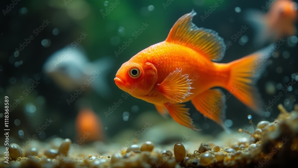 A goldfish swimming in an aquarium with other fish in the background A goldfish swimming in an aquarium with other fish in the background