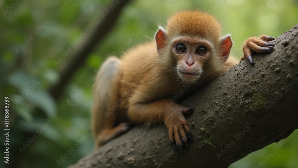 A small monkey sitting on a tree branch A small monkey sitting on a tree branch