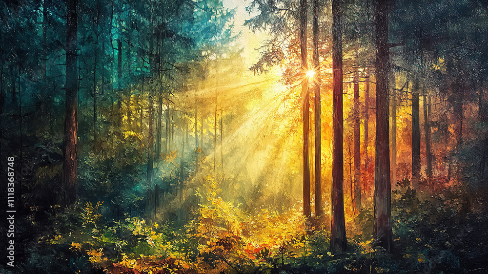 Fototapeta premium Beautiful forest panorama with sunlight filtering through the woods