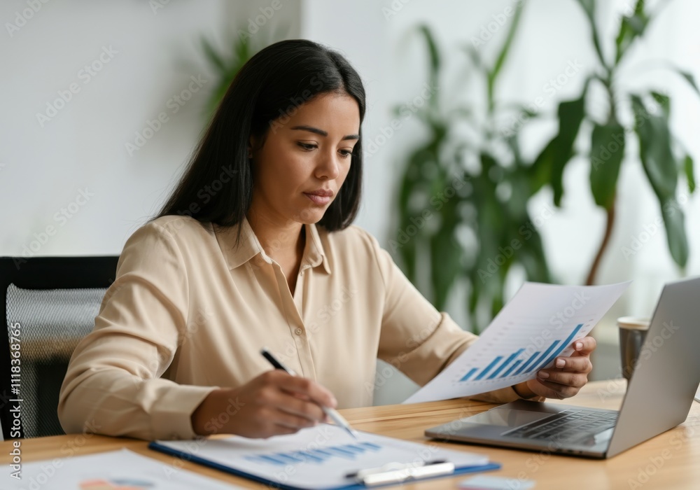 Businesswoman analyzing financial data using laptop and documents, working with statistics, charts and graphs Businesswoman analyzing financial data using laptop and documents, working with statistics, charts and graphs