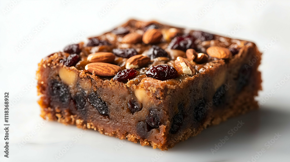 A close-up of a rich fruitcake topped with almonds and dried fruits. The moist texture, raisins, and nutty topping make it a perfect dessert for holidays and festive celebrations.