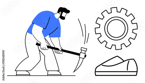 Man wielding sledgehammer, large gear symbol, and shoe. Ideal for manufacturing, productivity, labor, industry, engineering, mechanical work, and hard work themes. Line metaphor